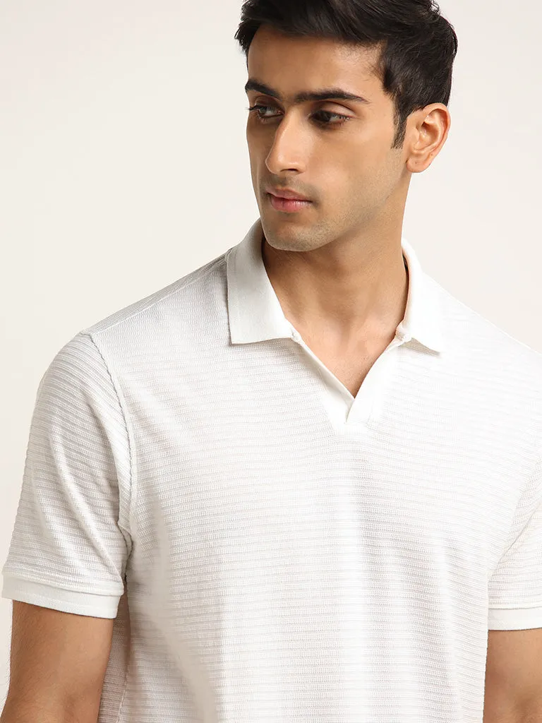 WES Casuals White Textured Self-Striped Cotton Blend Relaxed Fit T-Shirt