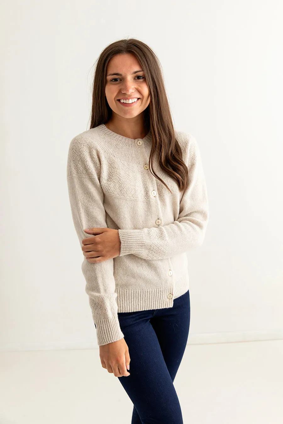 Womens Geelong Superfine Lambswool Gansey Cardigan - Linen