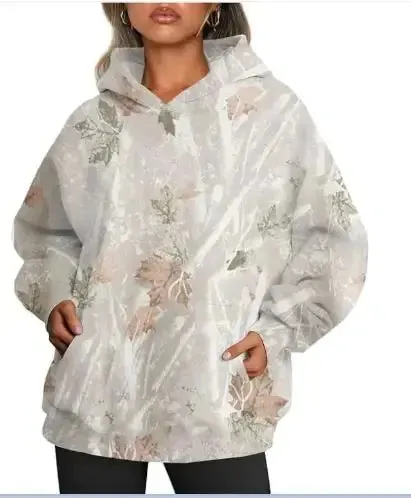 Women's Oversized Camouflage Hoodie with Maple Leaf Print